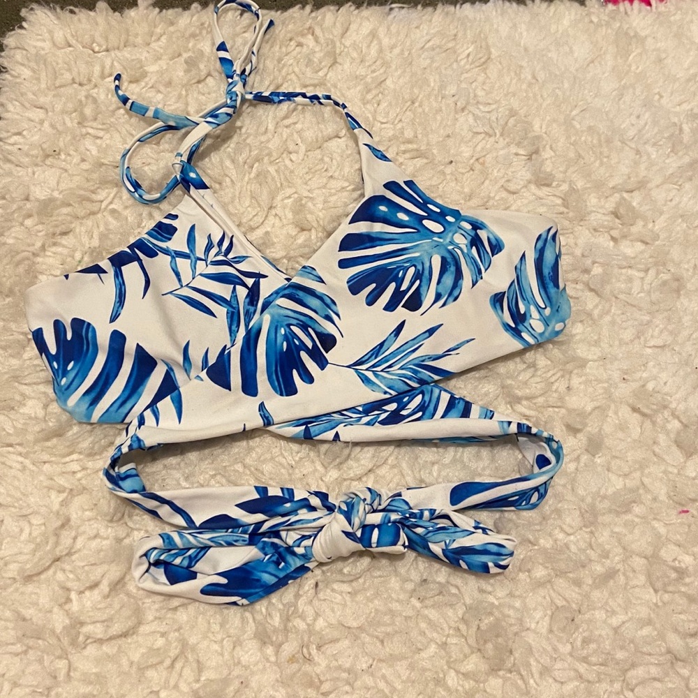 Blue palm leaf wrap bikini top